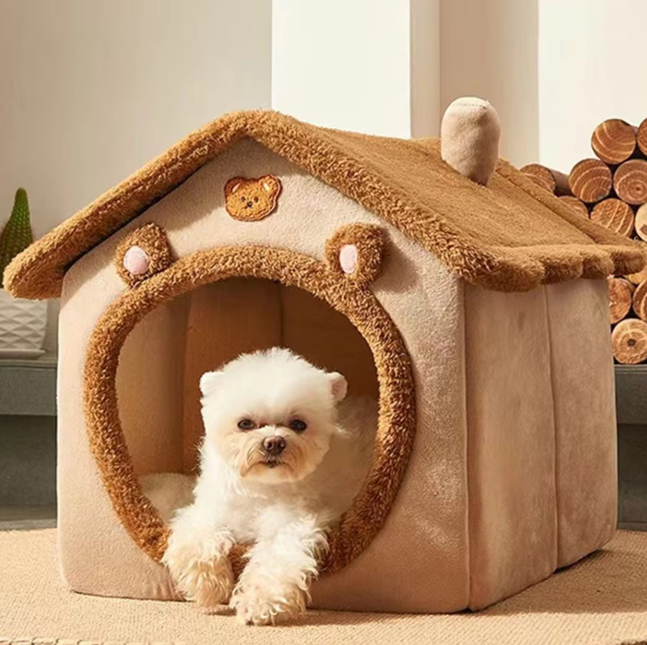 Cozy pet house with soft brown fabric, ideal warming cat and dog bed for animal comfort.