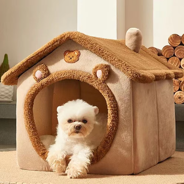 Cozy pet house with soft brown fabric, ideal warming cat and dog bed for animal comfort.