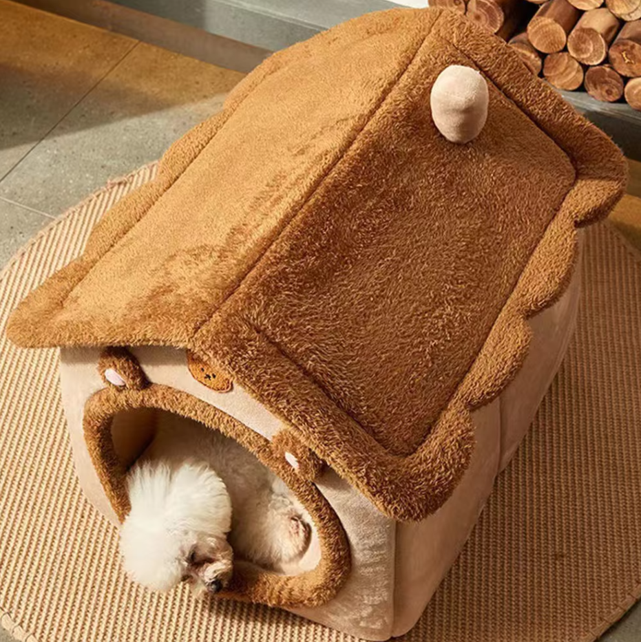 Warm pet house, a comfortable cat and dog bed in soft brown, perfect for pet relaxation.
