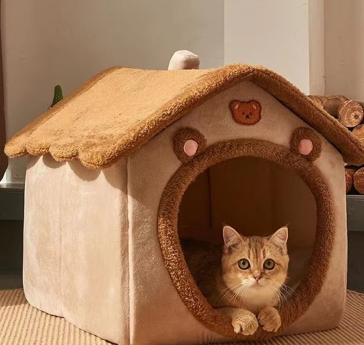 Soft brown pet house and bed, designed for warming cats and dogs, key pet supplies.
