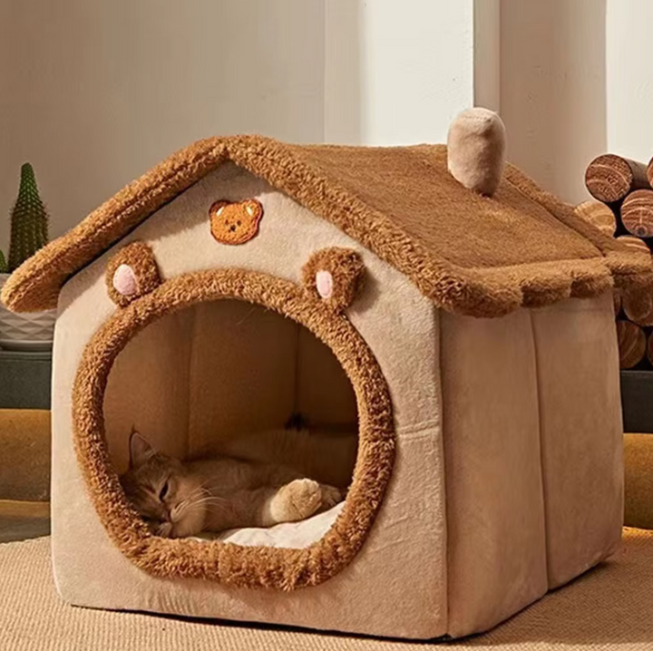 Luxury brown pet house, a super cozy warming bed for both cats and dogs, ultimate animal comfort.