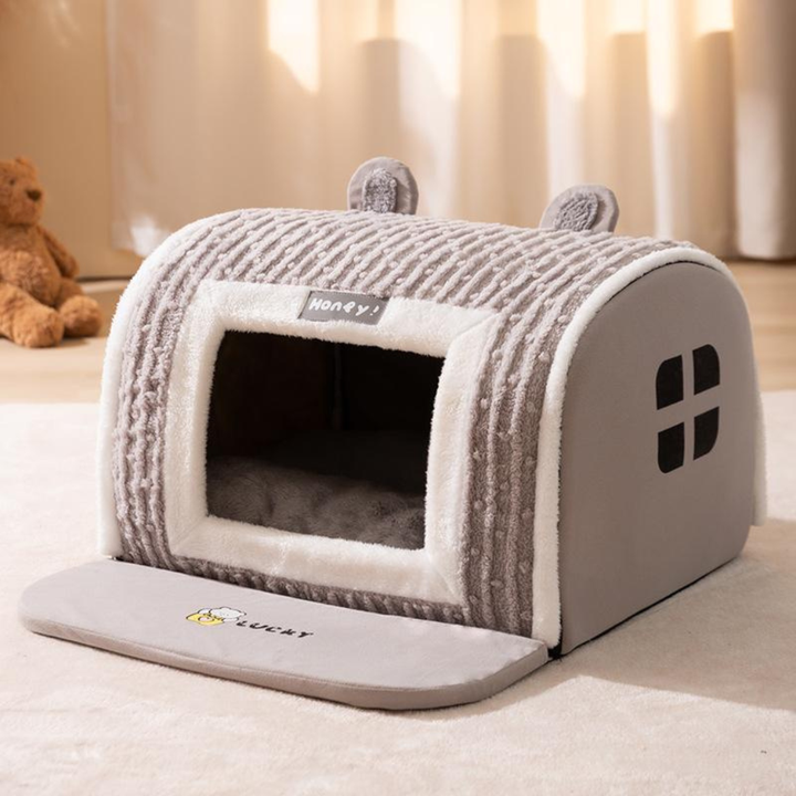 Warm enclosed pet igloo bed, perfect for small to medium cats and dogs, a soft indoor pet kennel.
