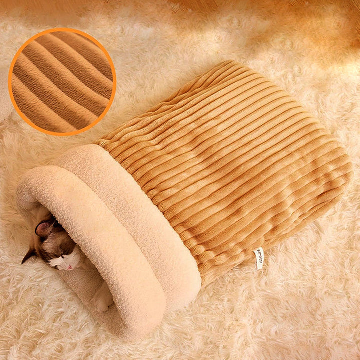 Cat bed: plush enclosed pet bed in a hooded design, offering a secure and cozy hideaway for cats