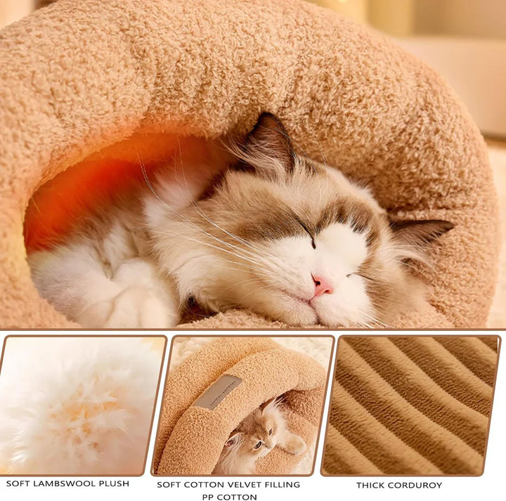Washable cozy pet nest hooded bed in a neutral grey, ideal for small pets, easy to maintain comfort