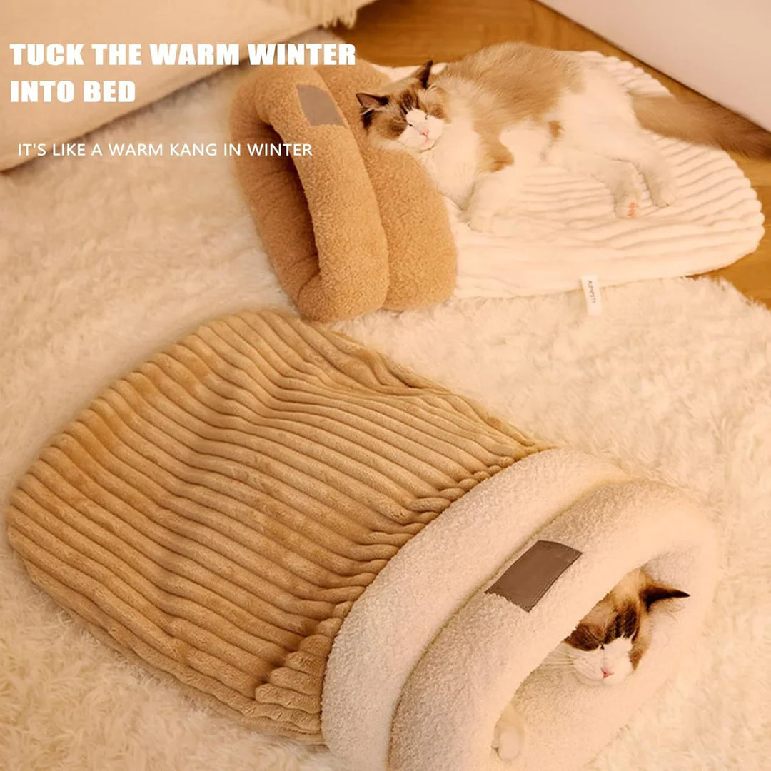 Close-up of the soft fabric of the cozy pet nest hooded bed, highlighting its plush texture for pets