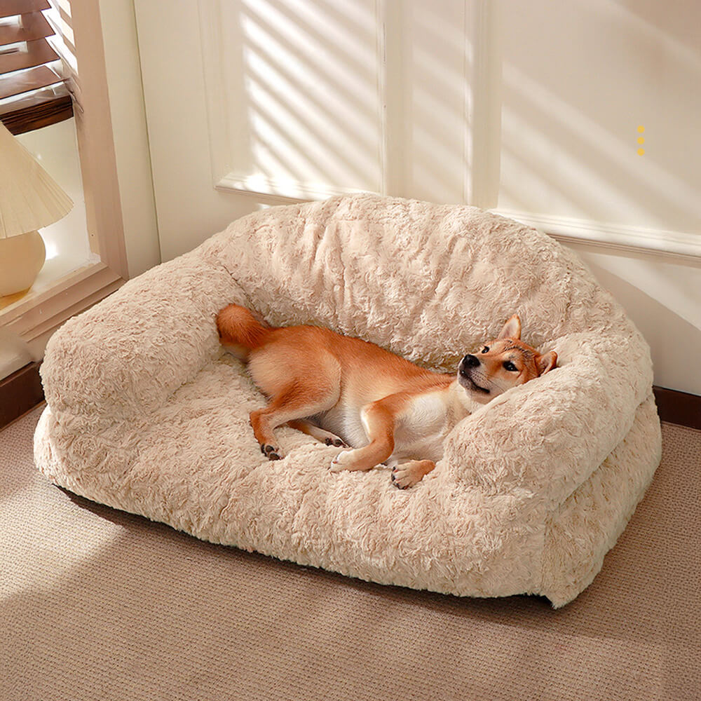 Cozy pet sofa bed, full support for dogs & cats, washable fur cover, orthopedic comfort