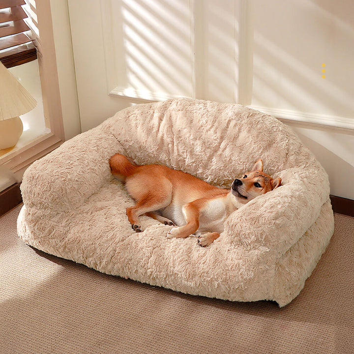 Cozy pet sofa bed, full support for dogs & cats, washable fur cover, orthopedic comfort