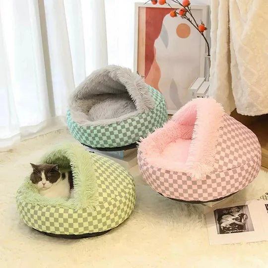 Cozy plaid cat cave bed, unisex design for comfortable napping, soft pet house accessory.