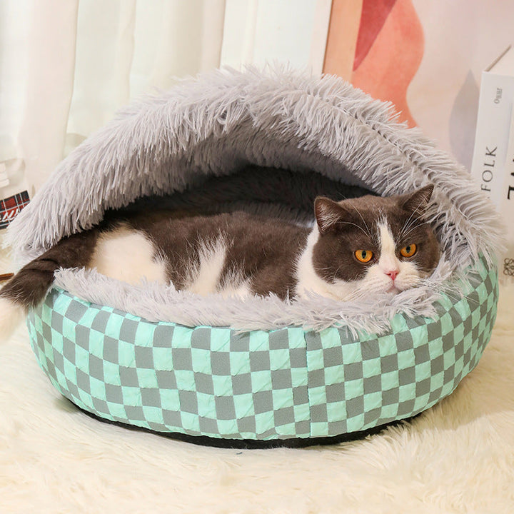 Unisex pet cave bed with a classic plaid pattern, perfect cozy hideaway for cats.