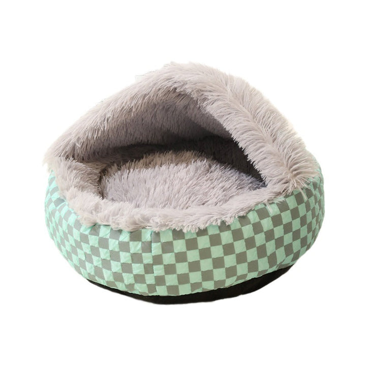 Soft plaid cat cave bed, featuring a warm and inviting design for feline comfort.