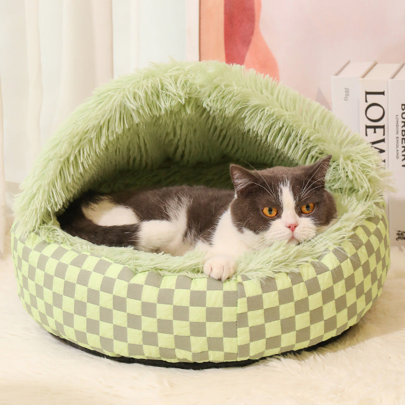 Cat accessory: plaid pet cave bed, providing a secure and cozy space for relaxation.