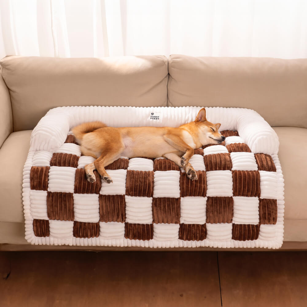Unisex dog bed mat, plaid pattern, designed for coziness and furniture safety.