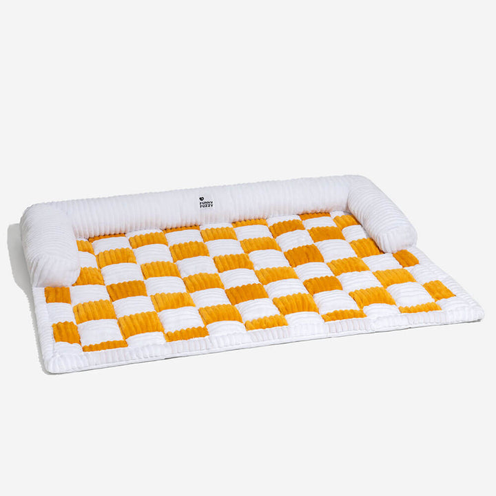 Plaid pet mat protecting a white sectional sofa, easy to clean and anti-slip.