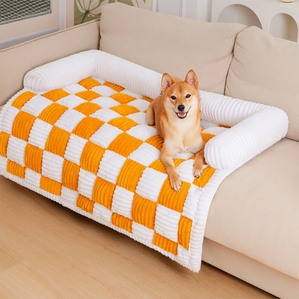 Dog bed furniture protector with a classic plaid pattern, machine washable fabric.