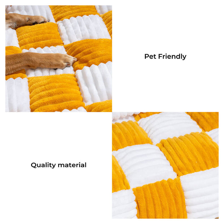 Close-up of the cozy plaid pet mat texture, showing soft fabric and durable stitching.