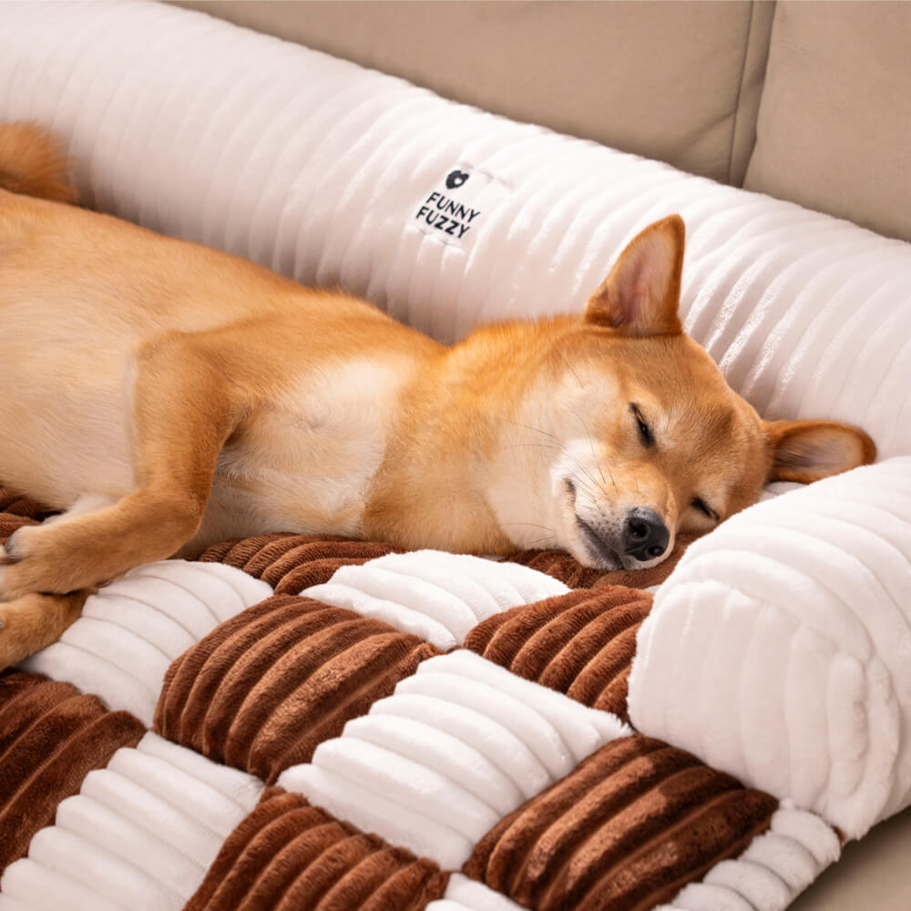 Plaid pet blanket draped over a sofa, offering comfort for pets and furniture protection.