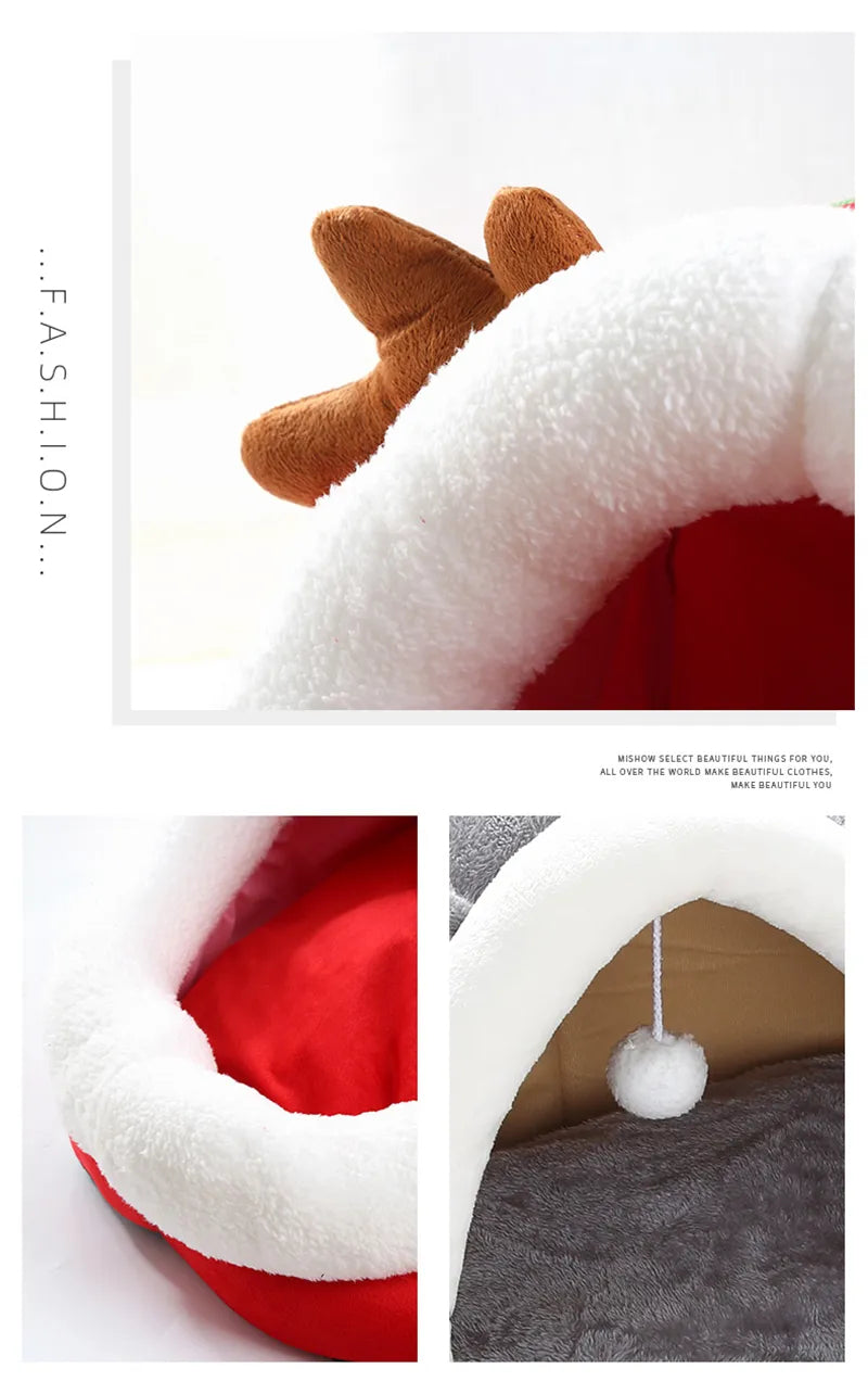 Cat cave plush bed featuring an adorable kitten design, ideal for a cozy pet retreat.