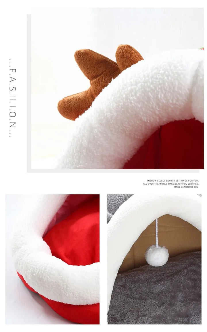 Cat cave plush bed featuring an adorable kitten design, ideal for a cozy pet retreat.