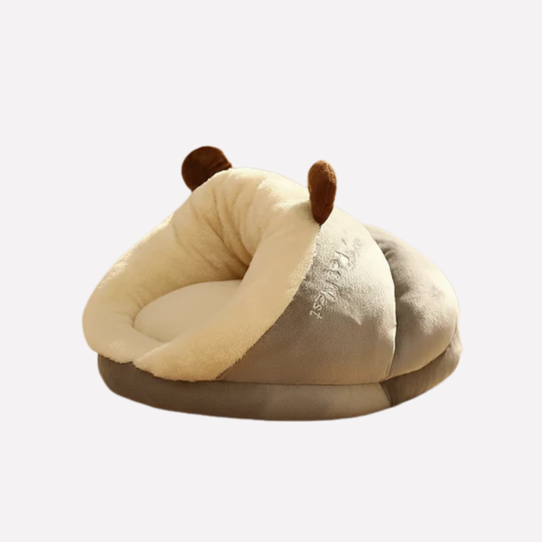 Cozy plush slipper pet bed for small dogs, puppies, and cats offering an enclosed, warm indoor sleep space