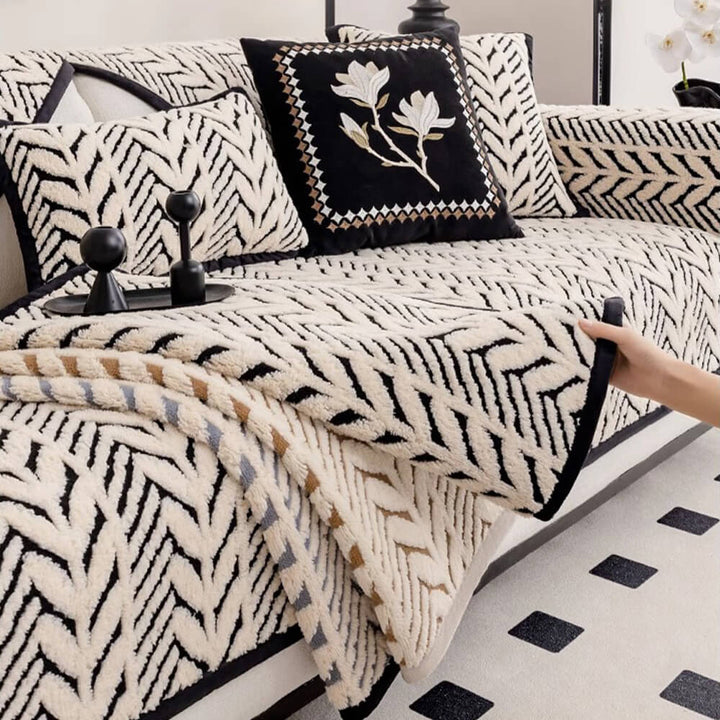 Soft, washable plush couch protector featuring an anti-slip backing and elegant wheat-ear pattern