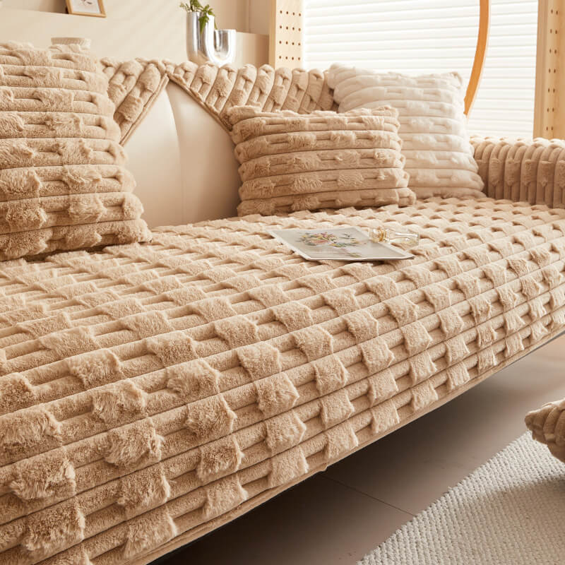 Durable machine washable striped sofa cover made from cozy plush material, ideal for pet owners