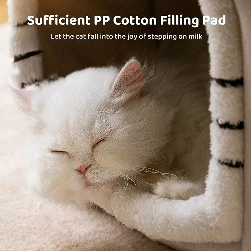 Plush tent cat bed in a neutral color with a soft, washable inner cushion