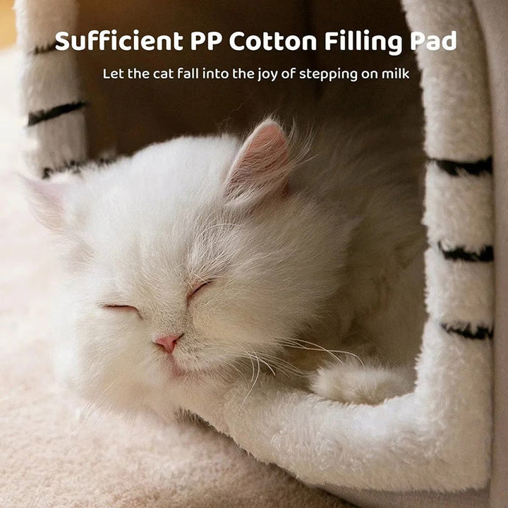 Plush tent cat bed in a neutral color with a soft, washable inner cushion