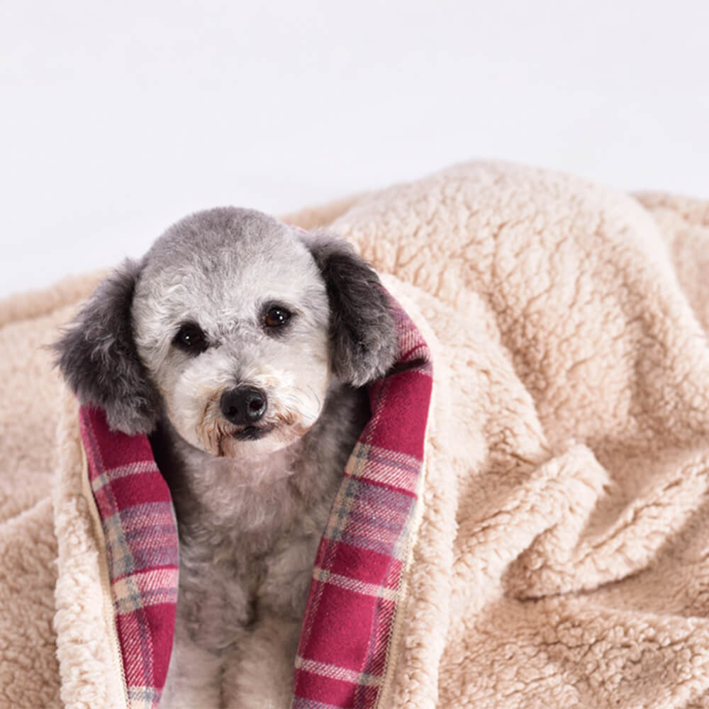 Warm blue & white plaid sherpa fleece pet blanket, washable for dogs and cats.