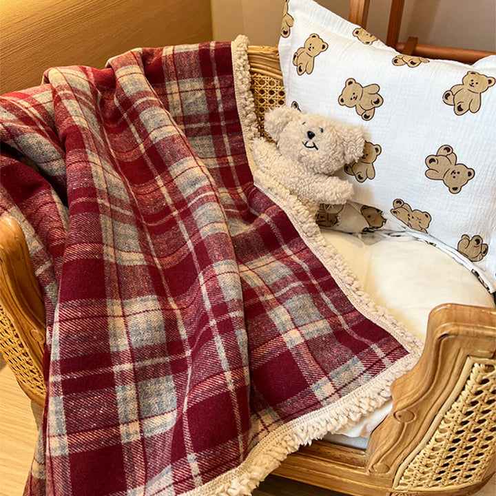 Soft buffalo plaid sherpa fleece pet blanket, reversible dog and cat bedding.