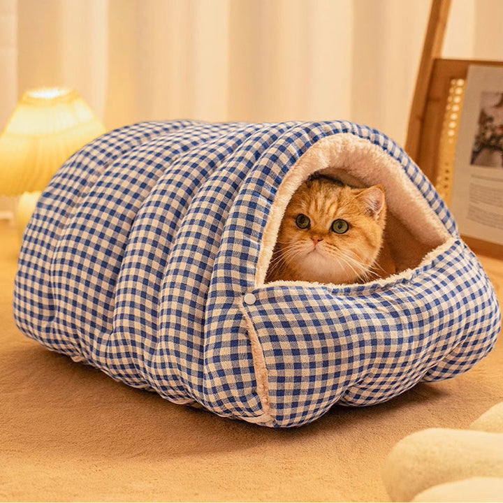 Warm winter pet bed with removable cushion, ideal for cats & small dogs, washable, soft grey fabric