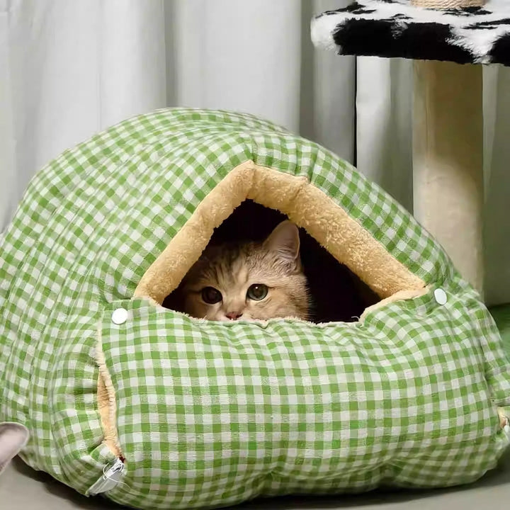 Plush washable pet bed for small dogs & cats, cozy cave design in warm grey, perfect for winter