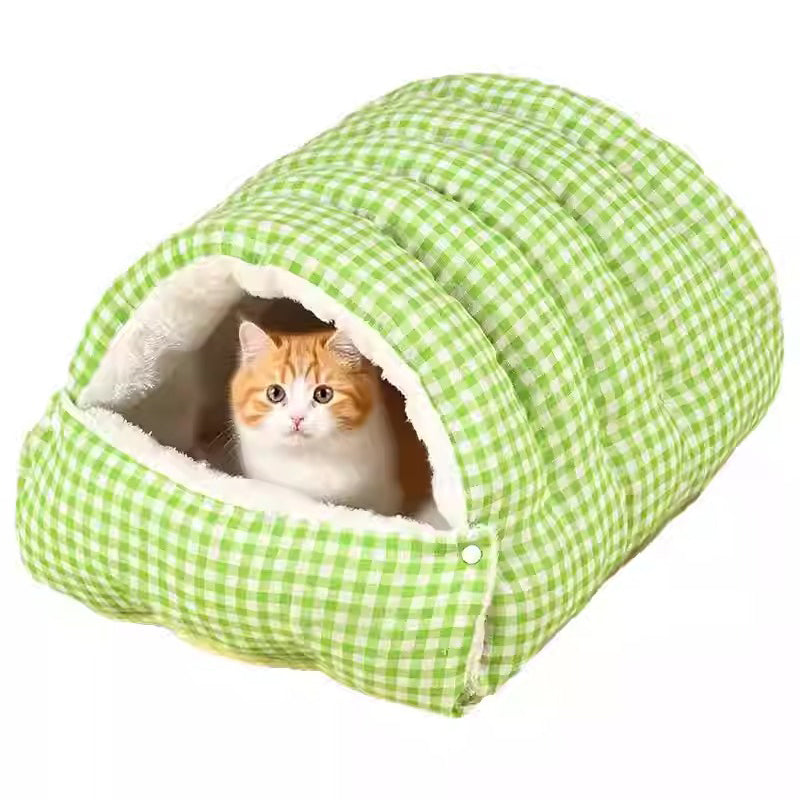 Front view of a plush, washable winter pet bed, cozy cave type for cats & small dogs, grey color