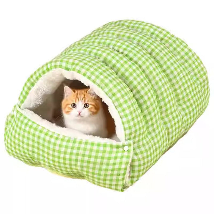 Front view of a plush, washable winter pet bed, cozy cave type for cats & small dogs, grey color