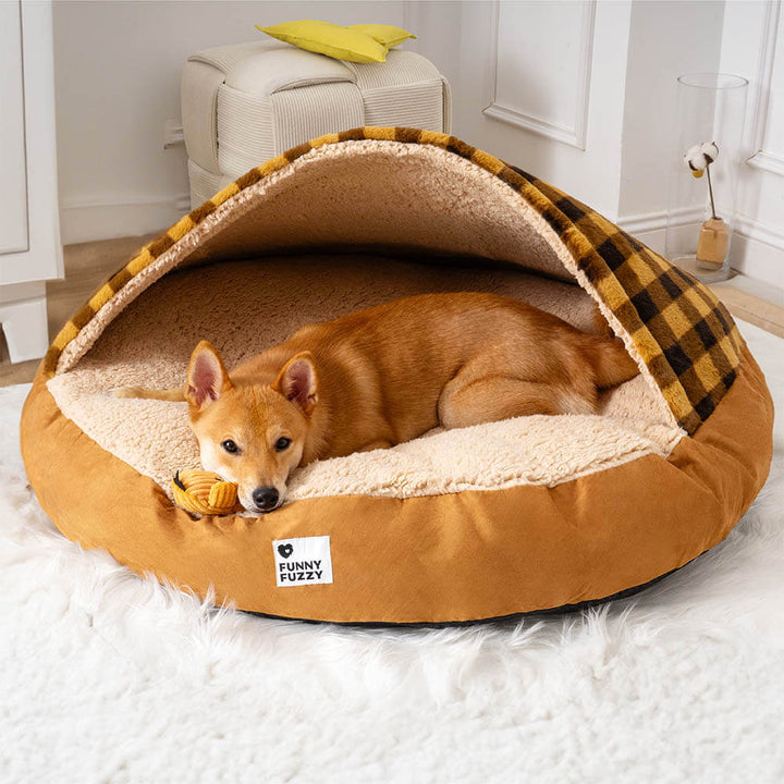 Cozy round canopy dog bed, plush pet furniture for small dogs, washable dream hideaway.