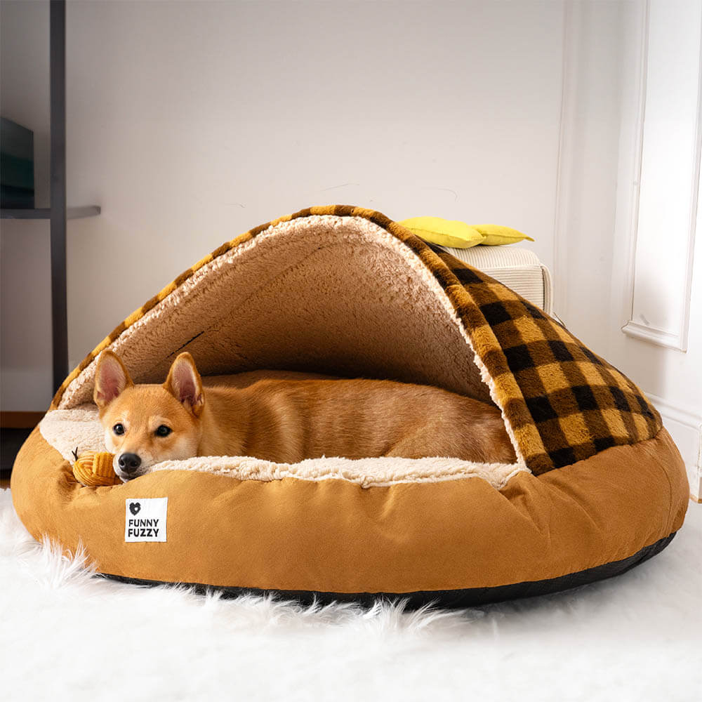 Washable round pet bed, dream hideaway canopy, providing a secure and cozy space.
