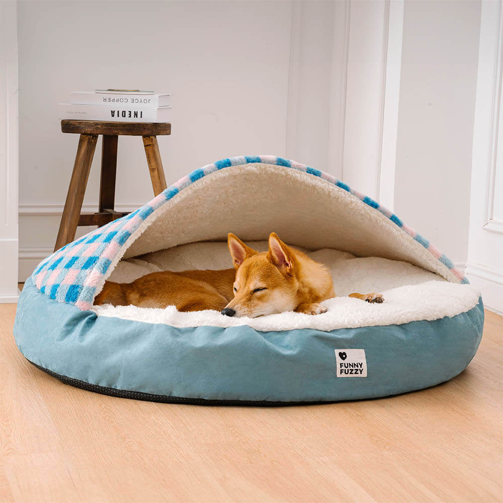 Plush round canopy dog bed, modern pet furniture, ideal for a quiet pet hideaway.