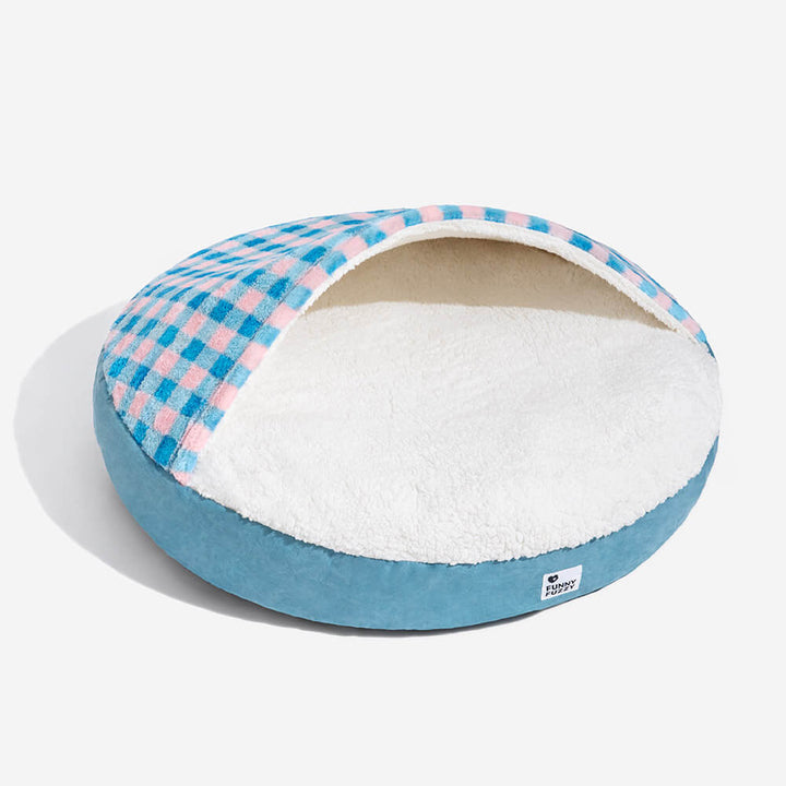 Dream hideaway dog bed with canopy, plush round design, ultimate comfort for pets.