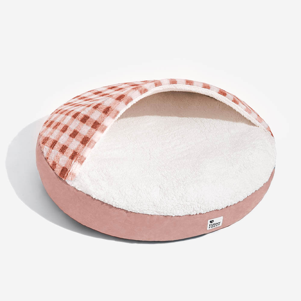 Round pet bed with canopy, cozy plush fabric, a dream hideaway for small dogs.