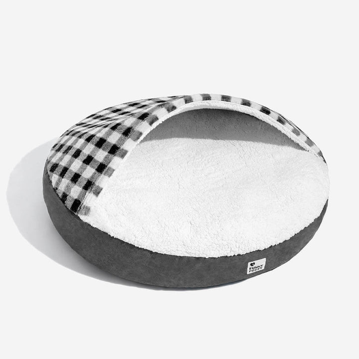 Canopy dog bed, round shape, soft plush grey, perfect pet furniture for a peaceful nap.
