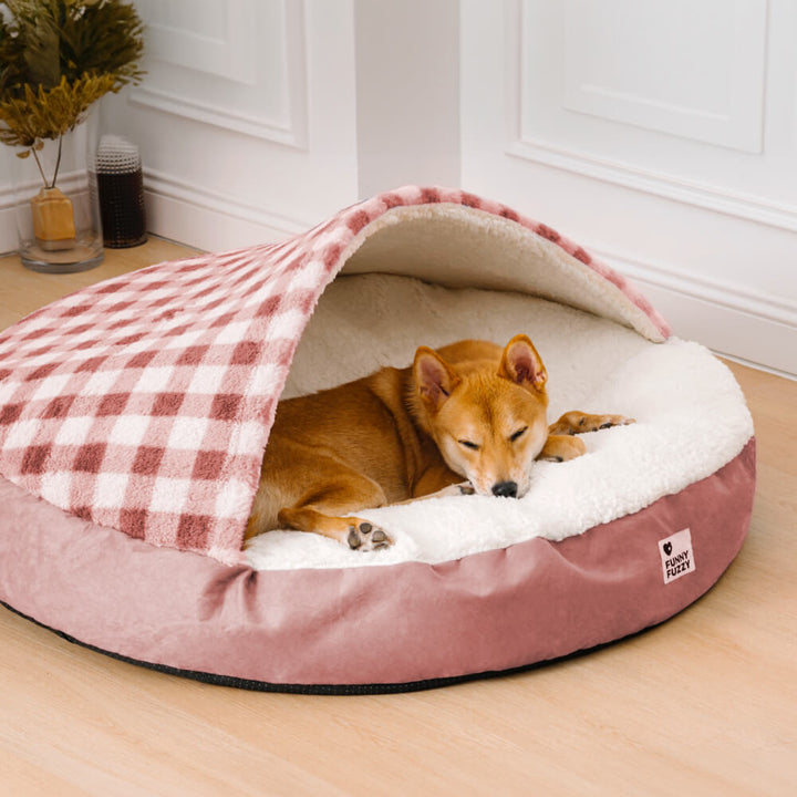 Washable round canopy dog bed, plush material, providing a cozy dream hideaway.