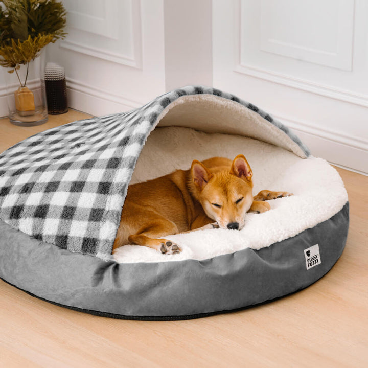 Round pet bed with canopy, luxurious plush fabric, creating a dream hideaway spot.
