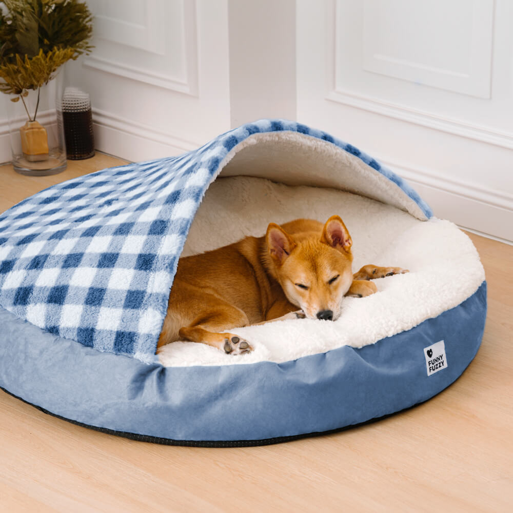 Dream hideaway pet bed, round canopy design, softest plush for extra comfort.
