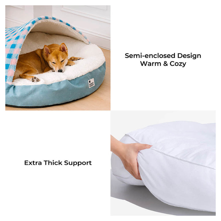 Cozy round canopy dog bed, plush pet furniture, a perfect dream hideaway for any dog.