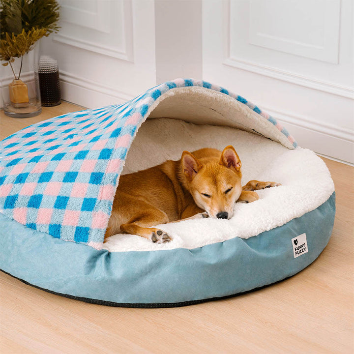 Luxury round dog bed with canopy, comfortable pet furniture for a cozy hideaway.