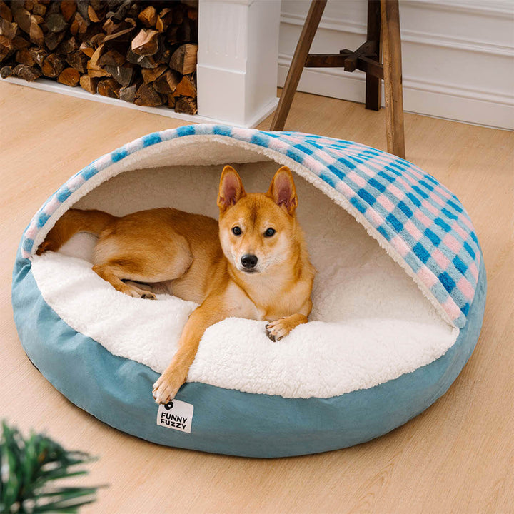 Round dog bed with canopy, elegant pet furniture, perfect cozy spot for small breeds.
