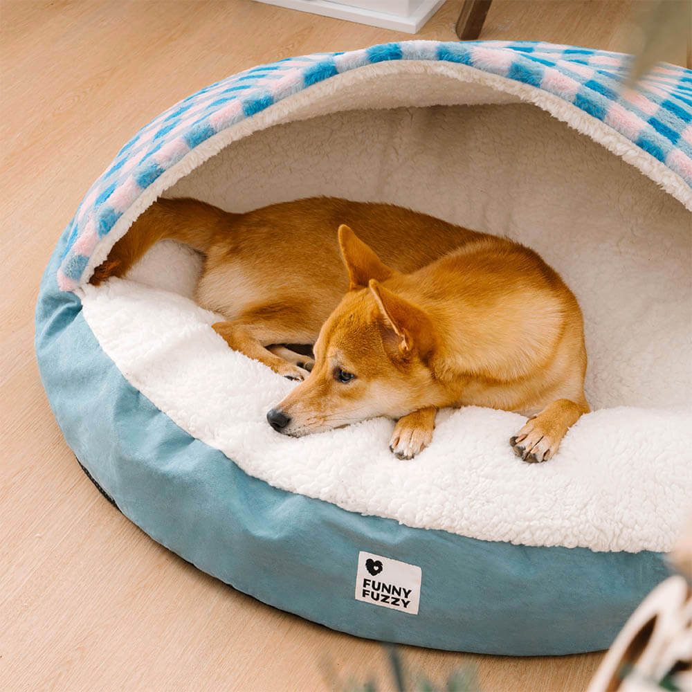 Pet round canopy dream hideaway, softest plush white dog bed for deep sleep.