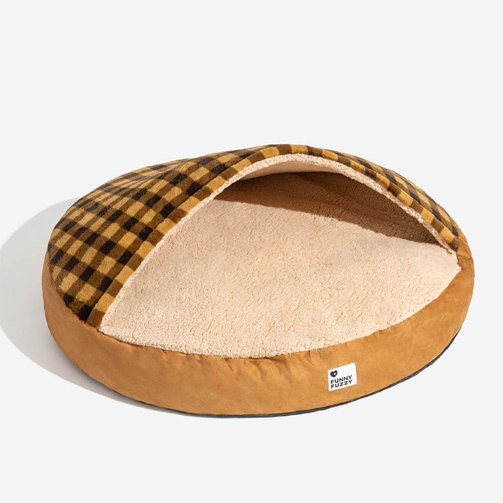 Luxurious canopy dog bed, round and plush, a dream hideaway for your beloved pet.