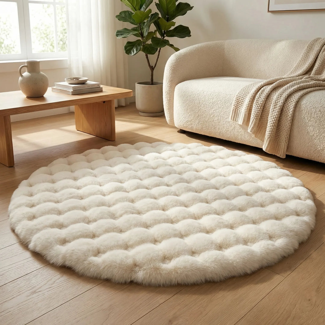 Cozy round plush area rug with Flowique wave design, perfect for living room comfort & modern home decor.