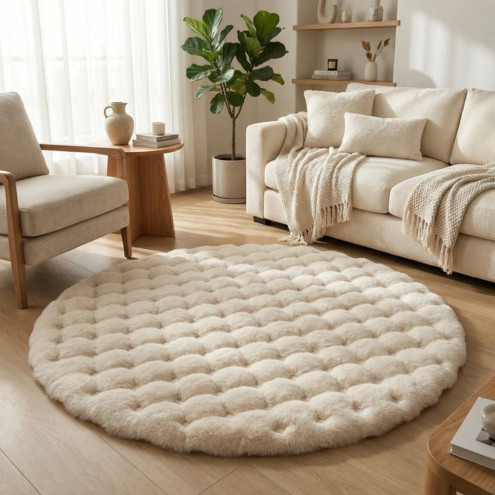 Luxurious round plush area rug with elegant Flowique waves. A soft, cozy statement piece for modern home decor.