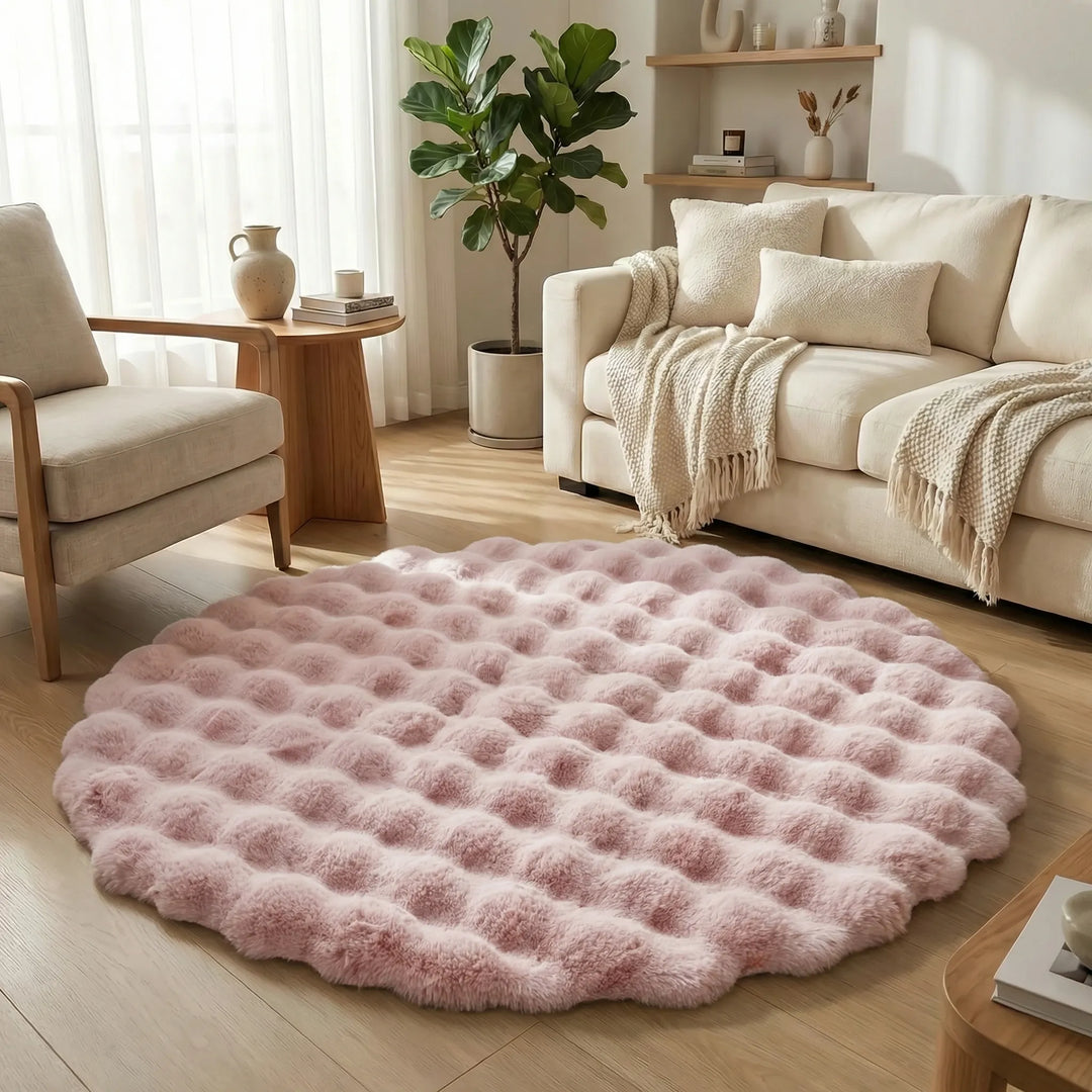 Inviting round plush area rug featuring a unique Flowique wave pattern. Adds soft, cozy comfort to any home.